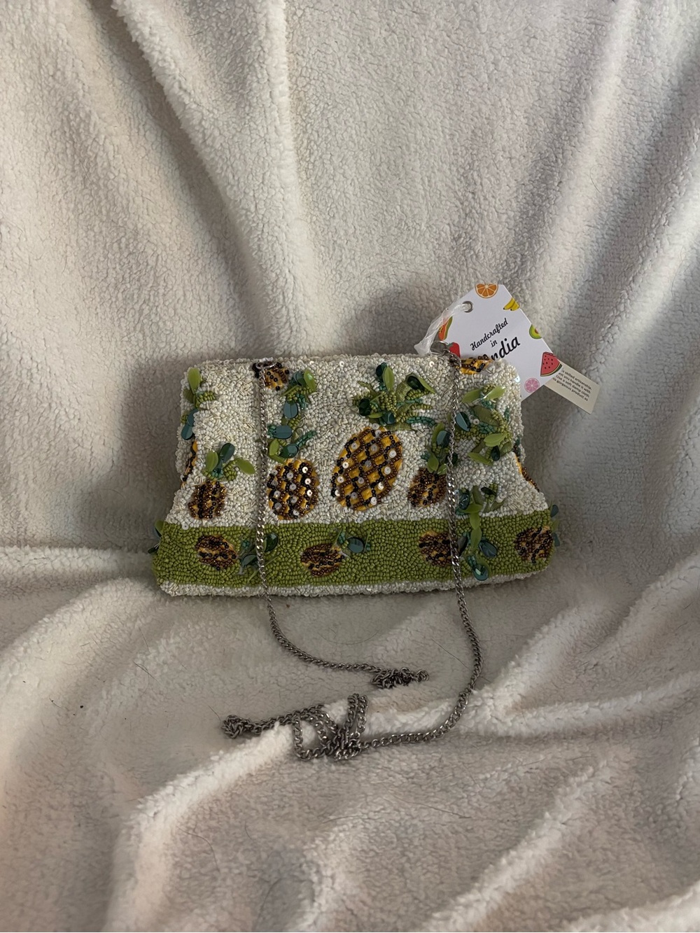 Beaded Pineapple Shoulder Bag - White & Green